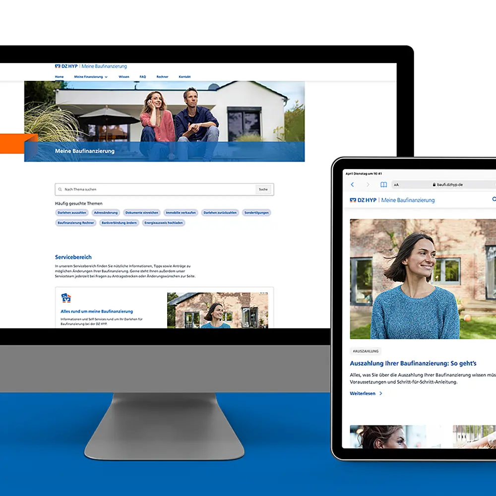 Responsive Ansicht des DZ HYP Serviceportals „Meine Baufinanzierung“ auf Desktop, Tablet und Smartphone