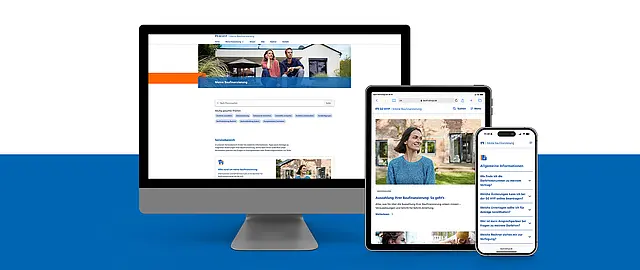 Responsive Ansicht des DZ HYP Serviceportals „Meine Baufinanzierung“ auf Desktop, Tablet und Smartphone