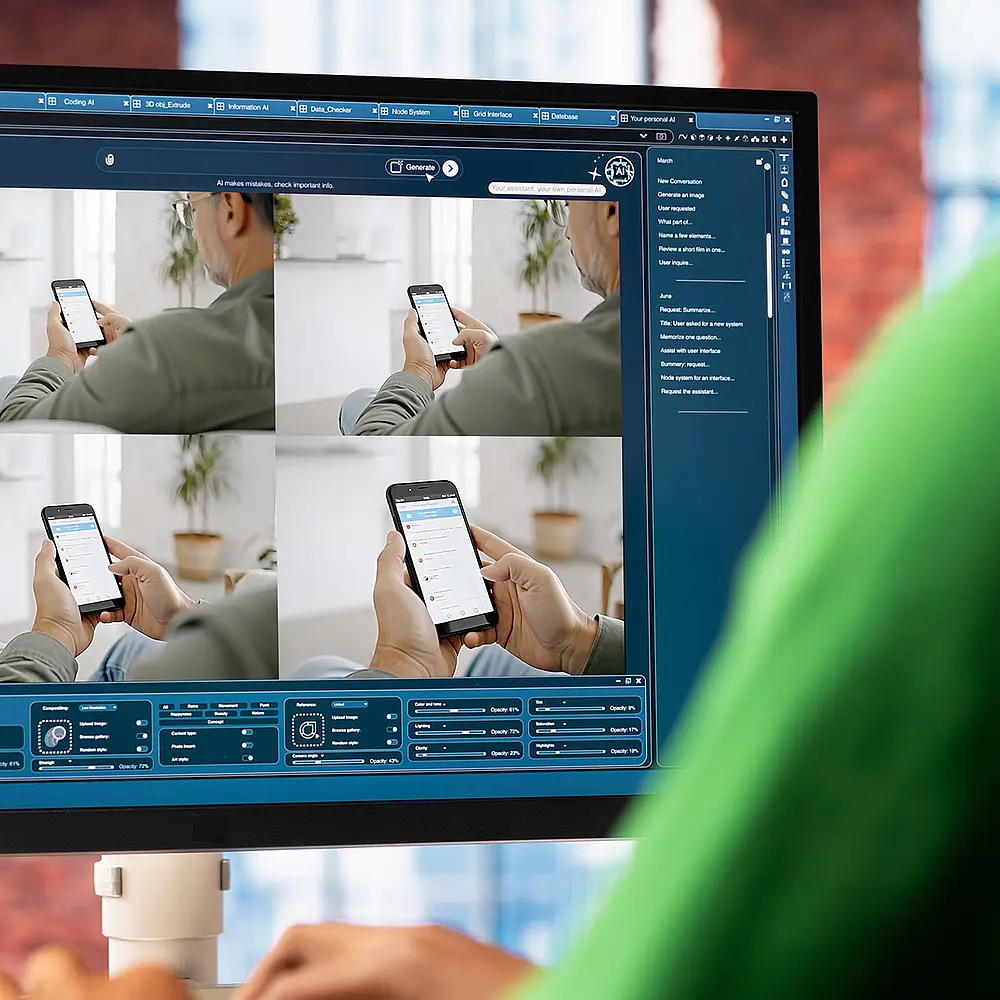 Benutzer arbeitet an einer KI Software auf einem Desktop Monitor, die aus einem statischen Bild mehrere Video Frames generiert und eine Image to Video Anwendung zeigt.