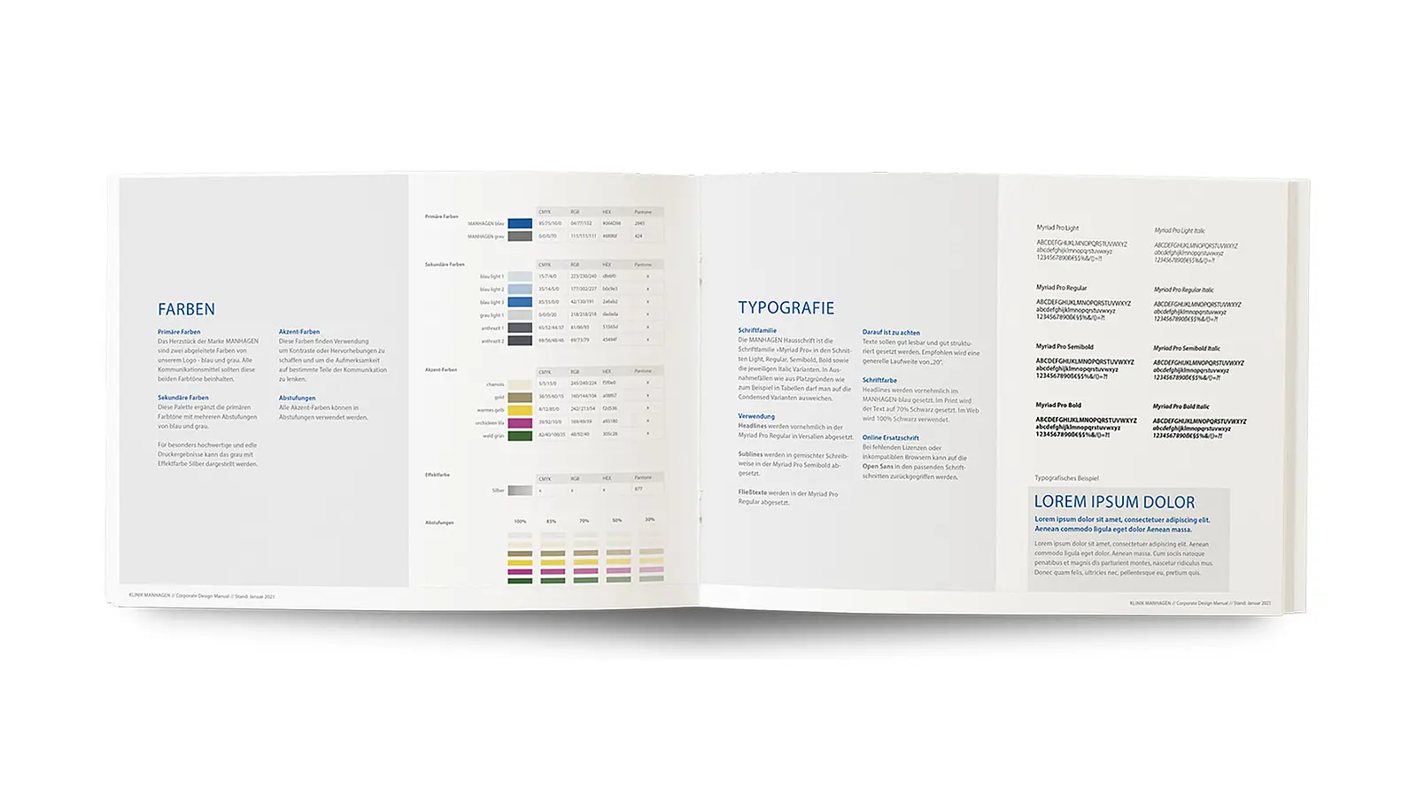 Kampangenbeschreibung von Farbwelt und Typografie der Klinik Manhagen mit Beispielbildern für den Imagefilm