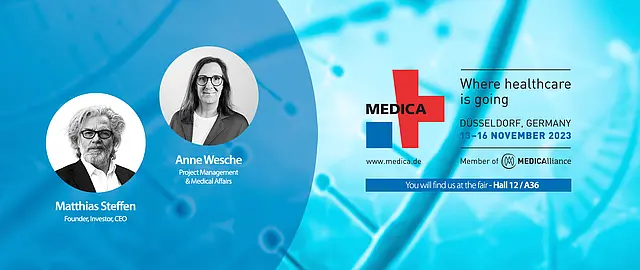 Grafik mit MEDICA Logo, Foto der Ansprechpartner Anne Wesche und Matthias Steffen