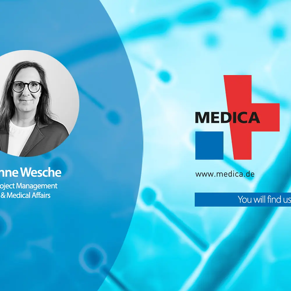 Grafik mit MEDICA Logo, Foto der Ansprechpartner Anne Wesche und Matthias Steffen