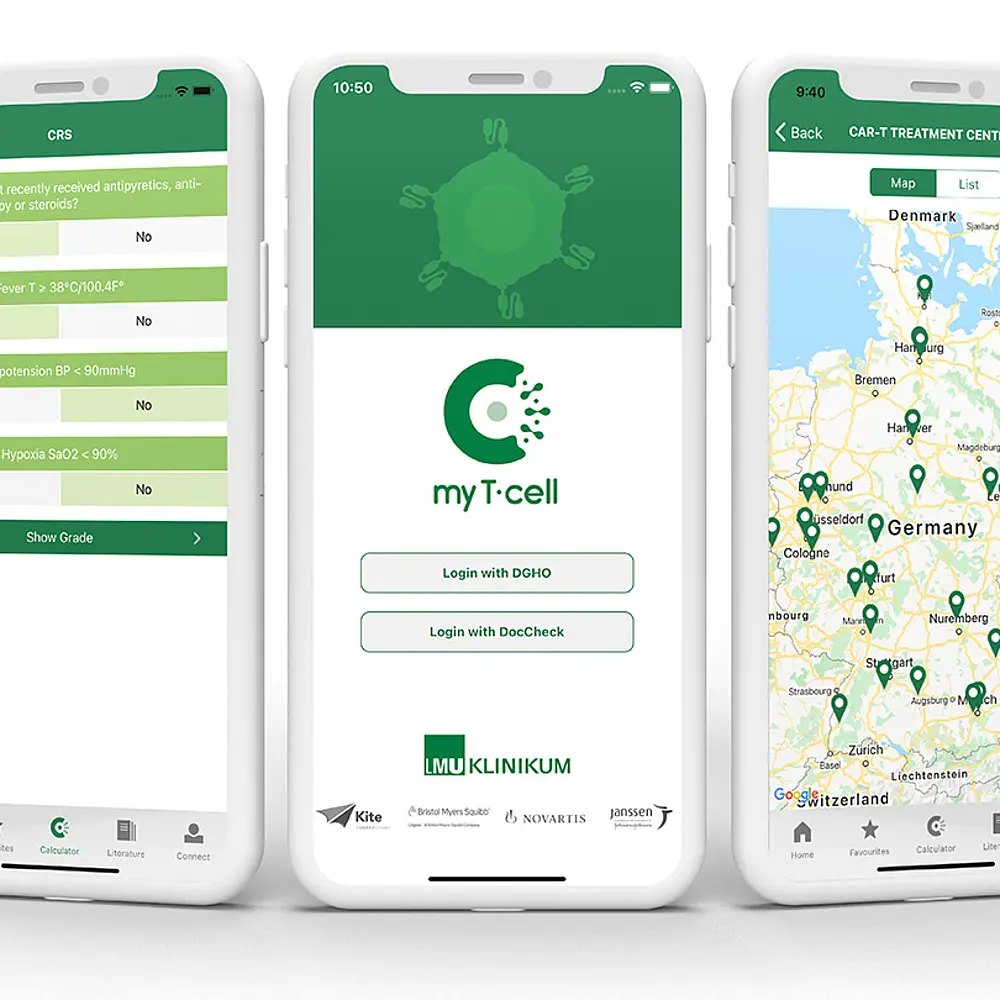 Fotocollage von 3 verschiedenen Seiten der App myTCell
