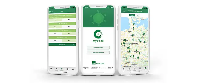 Fotocollage von 3 verschiedenen Seiten der App myTCell
