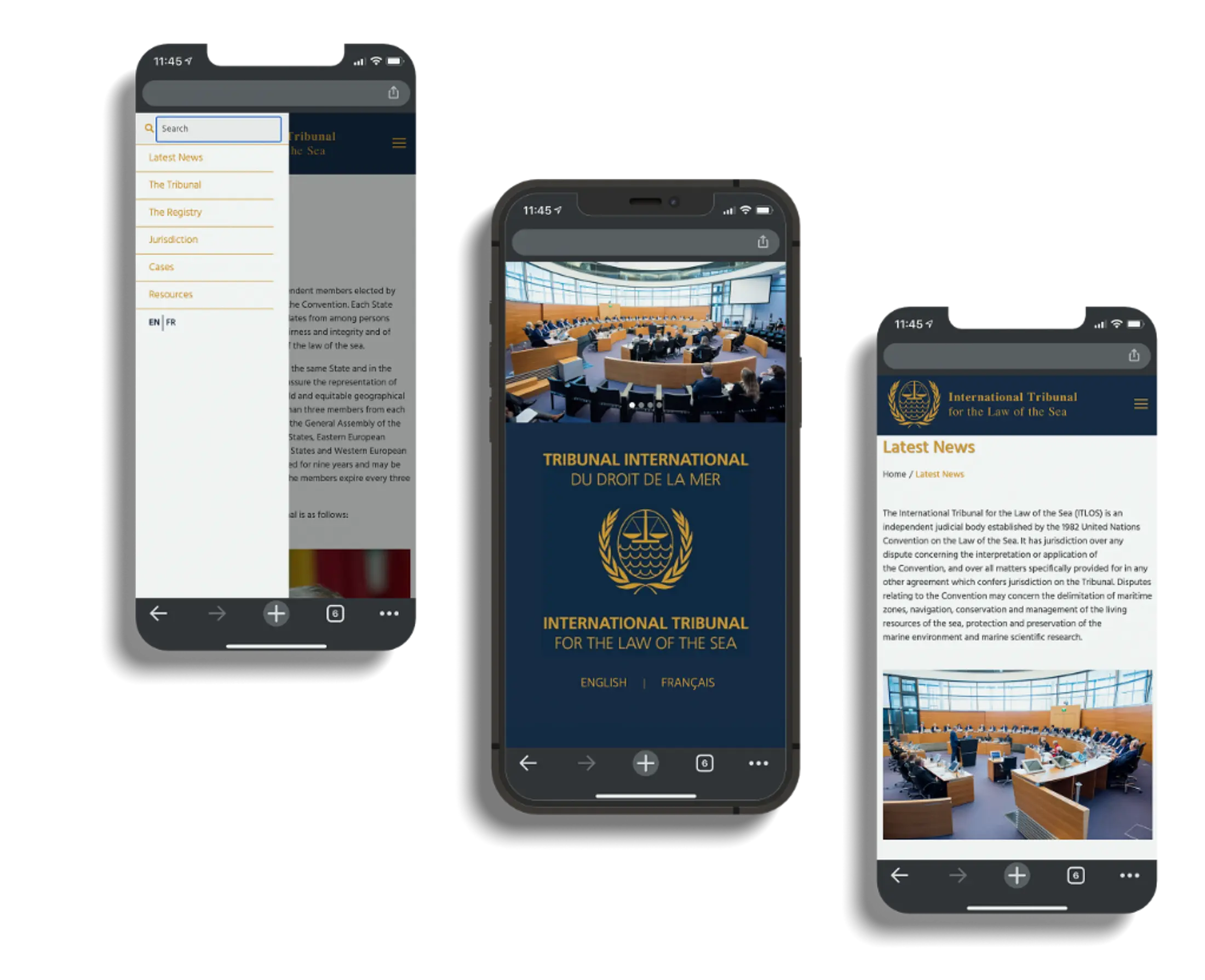 Drei Smartphones auf schwarzem Hintergrund zeigen unterschiedliche mobile Ansichten der Website des International Tribunal for the Law of the Sea.