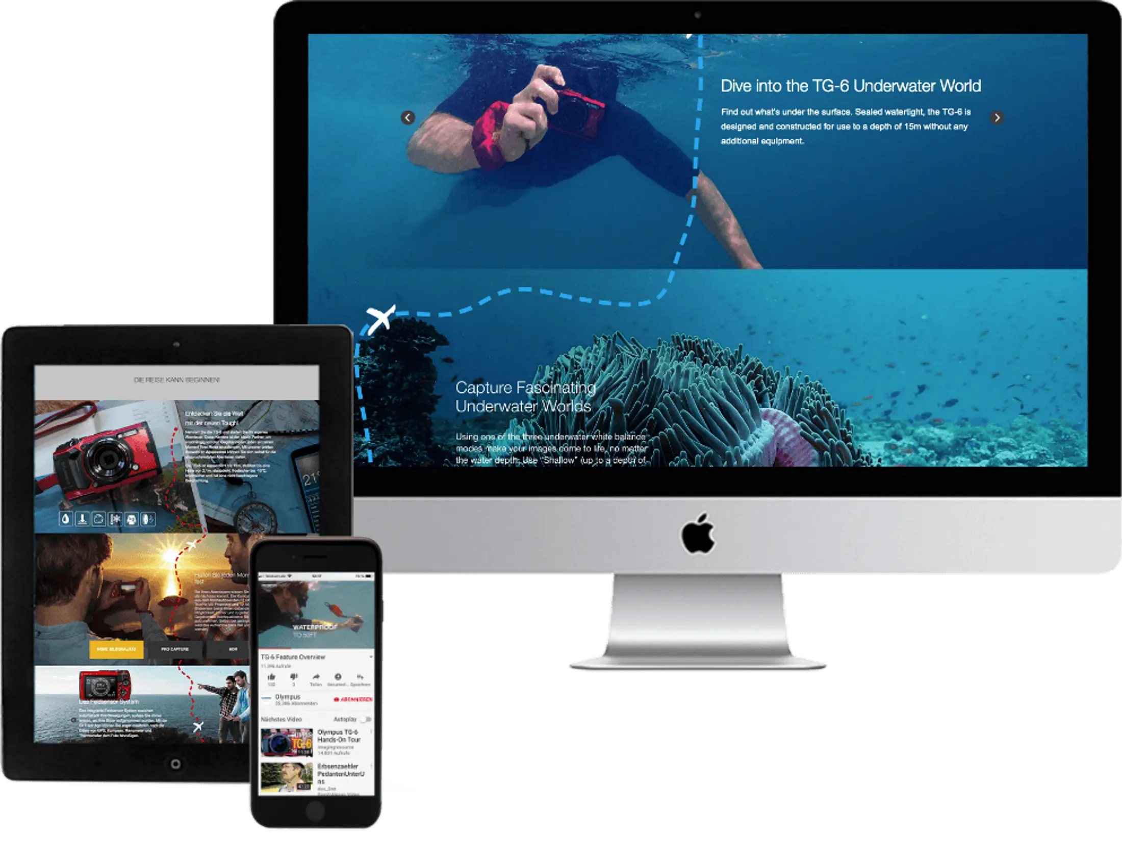 Olympus 360-Grad-Kampagne mit TG-6 Inhalten auf Desktop, Tablet und Smartphone