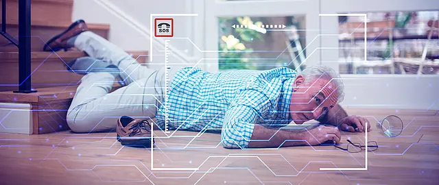 Älterer Mann, der die Treppe hinuntergestürzt ist