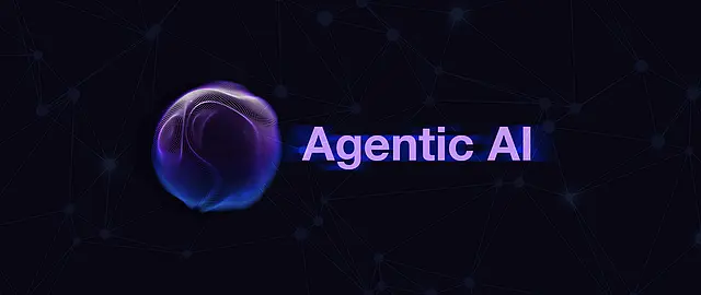 Schriftzug „Agentic AI“ neben einer stilisierten, leuchtenden Kugel auf dunklem Hintergrund mit Netzwerklinien – symbolisiert autonome, vernetzte künstliche Intelligenz.