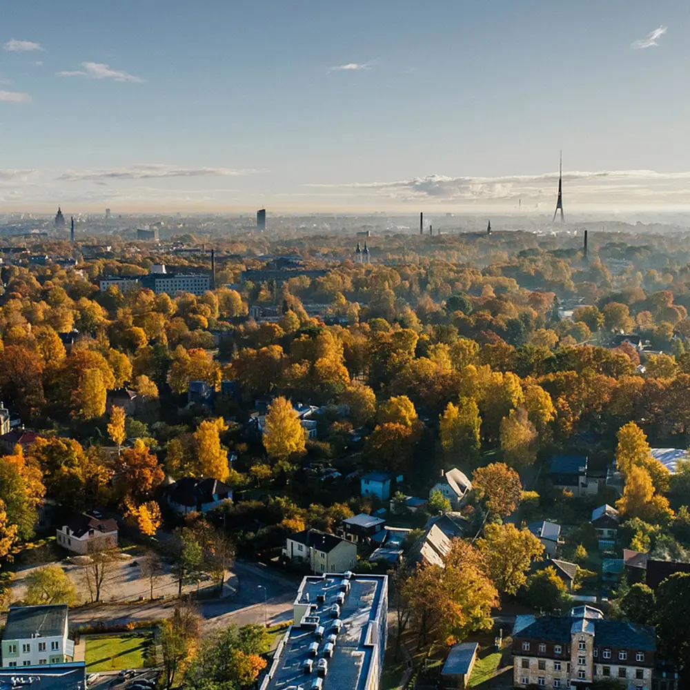 Drohnenaufnahme einer Stadt im Herbst