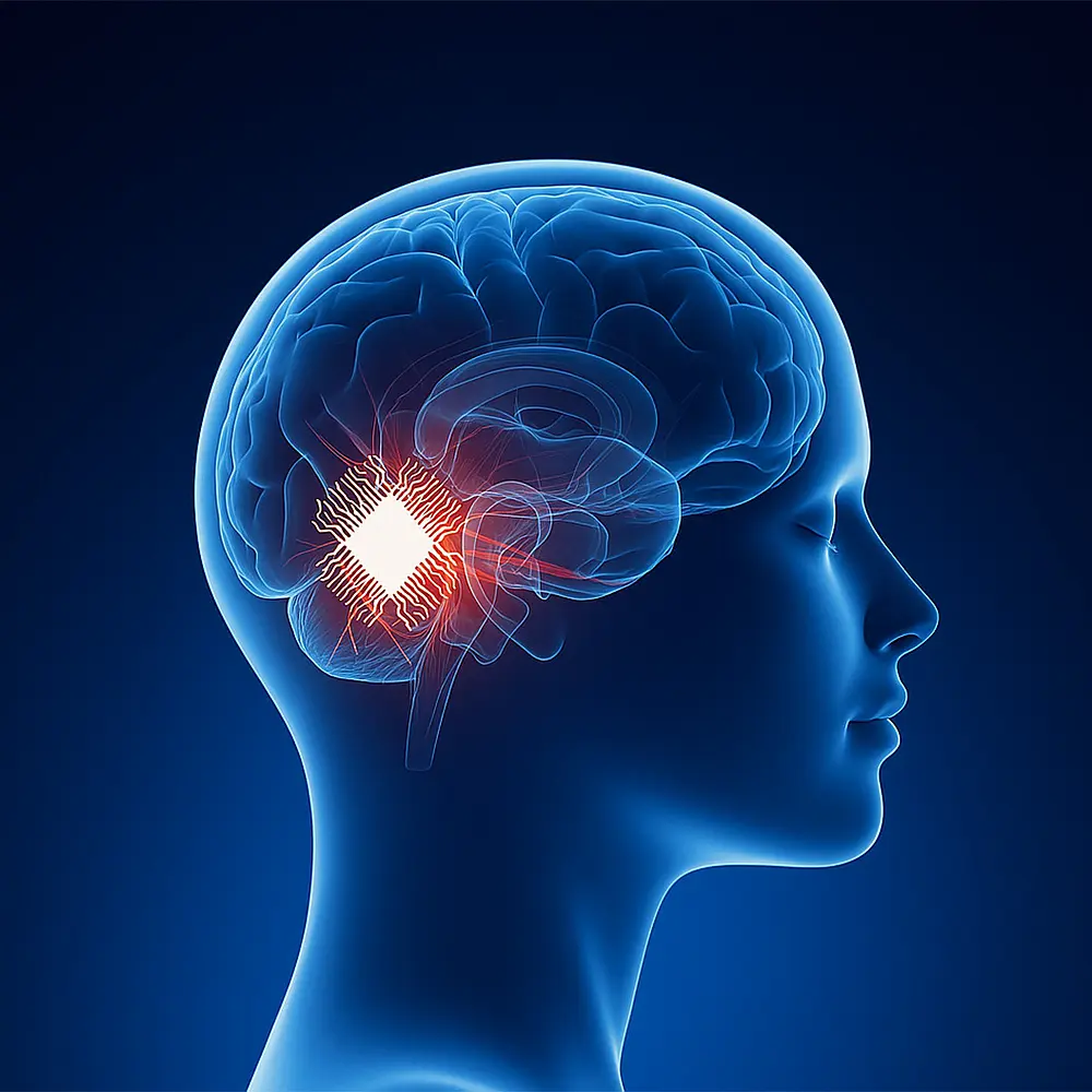 Seitliche Darstellung eines menschlichen Kopfes mit transparent sichtbarem Gehirn, in dem ein leuchtender Mikrochip implantiert ist – symbolisiert die Verbindung von Gehirn und Technologie