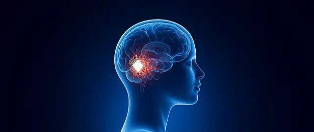 Seitliche Darstellung eines menschlichen Kopfes mit transparent sichtbarem Gehirn, in dem ein leuchtender Mikrochip implantiert ist – symbolisiert die Verbindung von Gehirn und Technologie