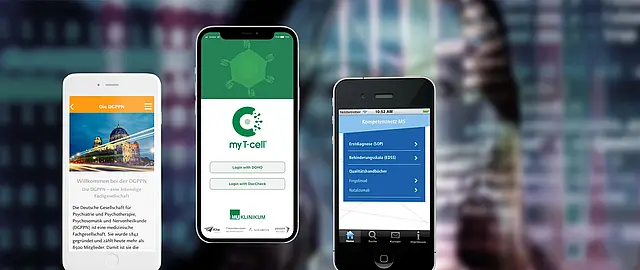 Handy mit myTcell login page und zweites Handy mit Appansicht von Kompetenznetz MS
