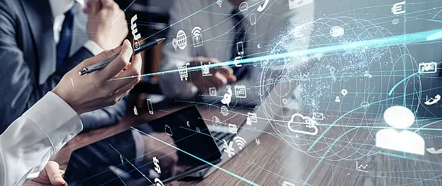 Foto von einem Bildschirm mit Business-Icons