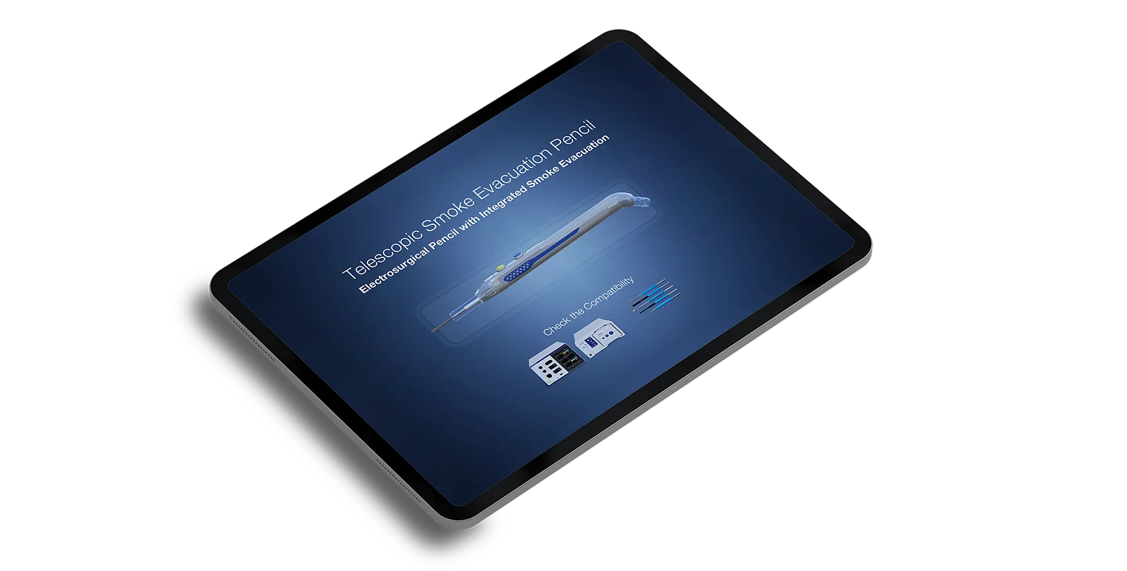 Schräg dargestelltes Tablet auf dunklem Hintergrund mit Produktdarstellung eines medizinischen Instruments auf dem Bildschirm.
