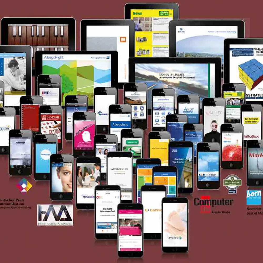 viele Handys und Tablets, die alle verschiedene Apps geöffnet haben