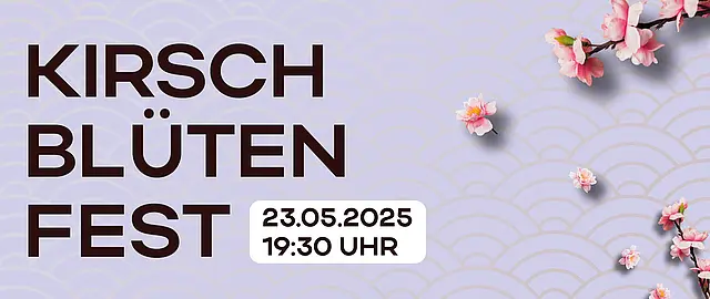 Einladung zum Kirschblütenfest am 23. Mai 2025 mit Kirschblütenzweigen auf pastellfarbenem Hintergrund