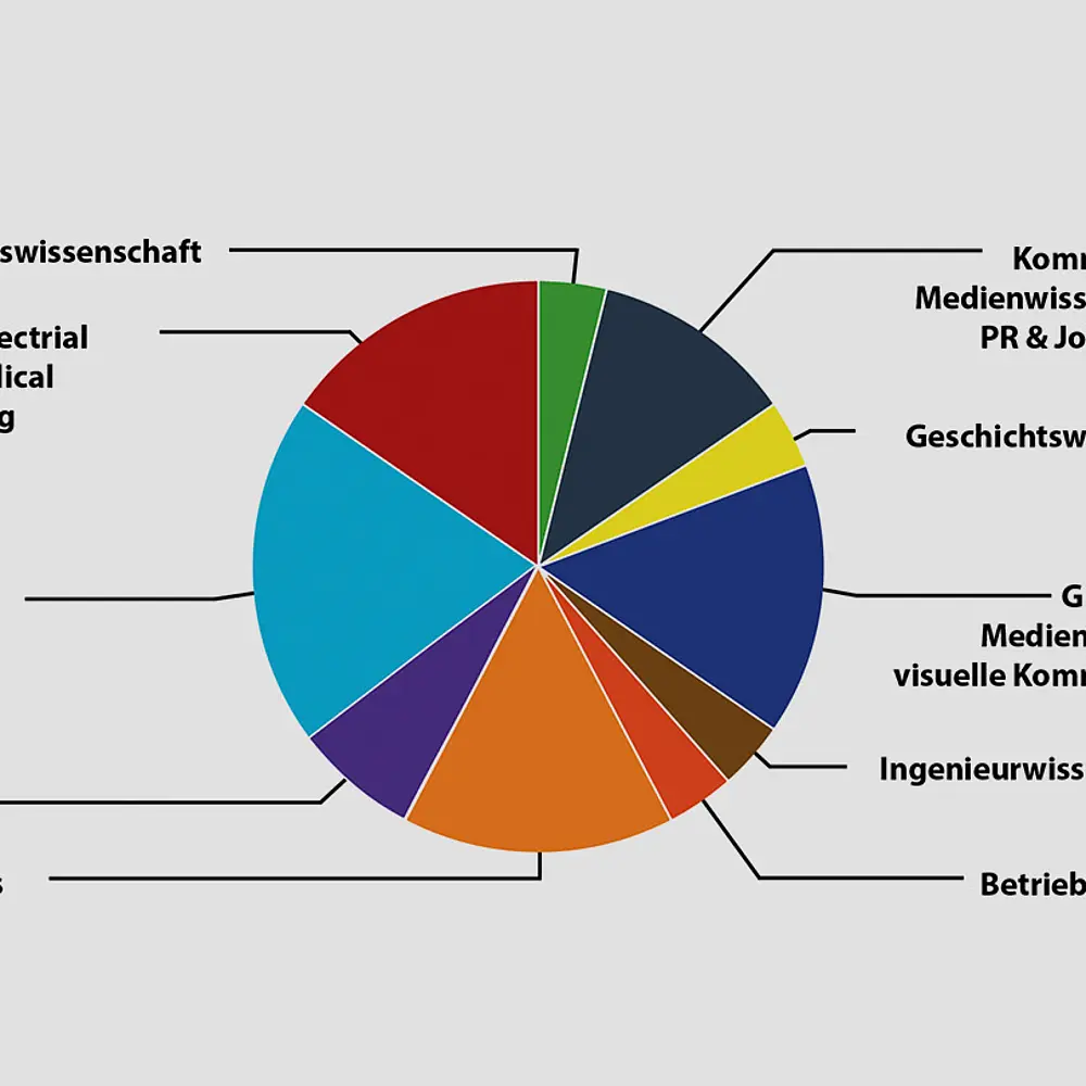 Tortendiagramm mit den verschiedenen Fachbereichen, aus denen unser Team kommt