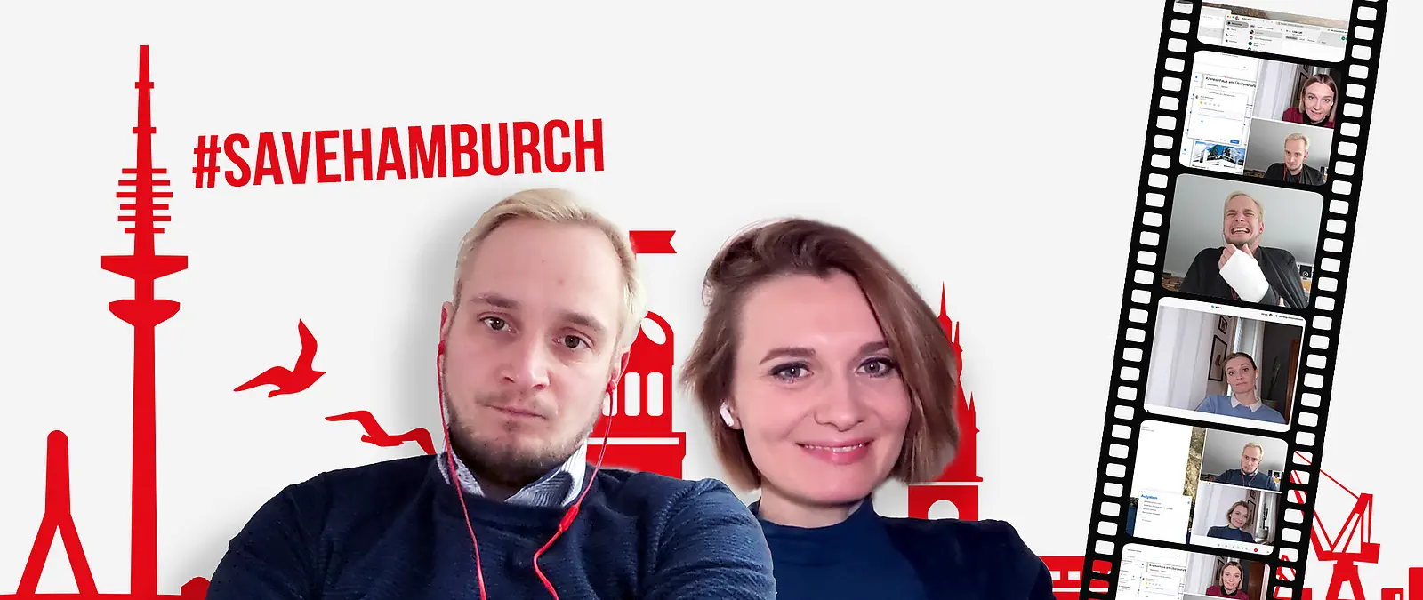 Zwei Personen vor Hamburg-Grafik mit #SAVEHAMBURCH und Filmszenen für die Haspa und HanseMerkur