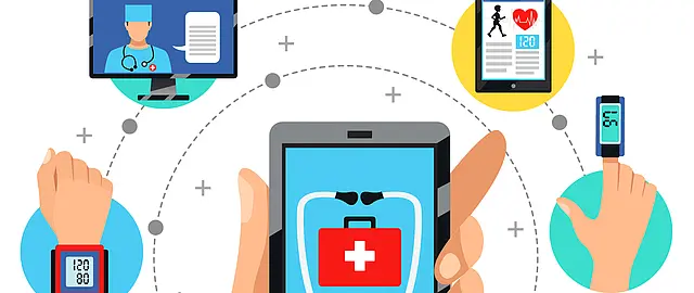 Graphik von einer Hand, die ein Handy hält. Auf dem Handy ist ein Stethoskop abgebildet.