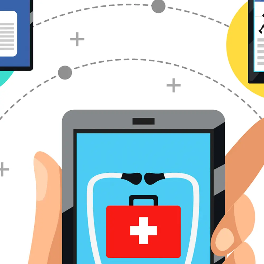 Graphik von einer Hand, die ein Handy hält. Auf dem Handy ist ein Stethoskop abgebildet.