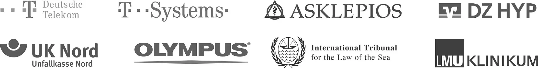 Eine Übersicht mit Logos verschiedener Referenzkunden, darunter Deutsche Telekom, T-Systems, Asklepios, DZ HYP, UK Nord, Olympus, der Internationale Seegerichtshof und das LMU Klinikum.