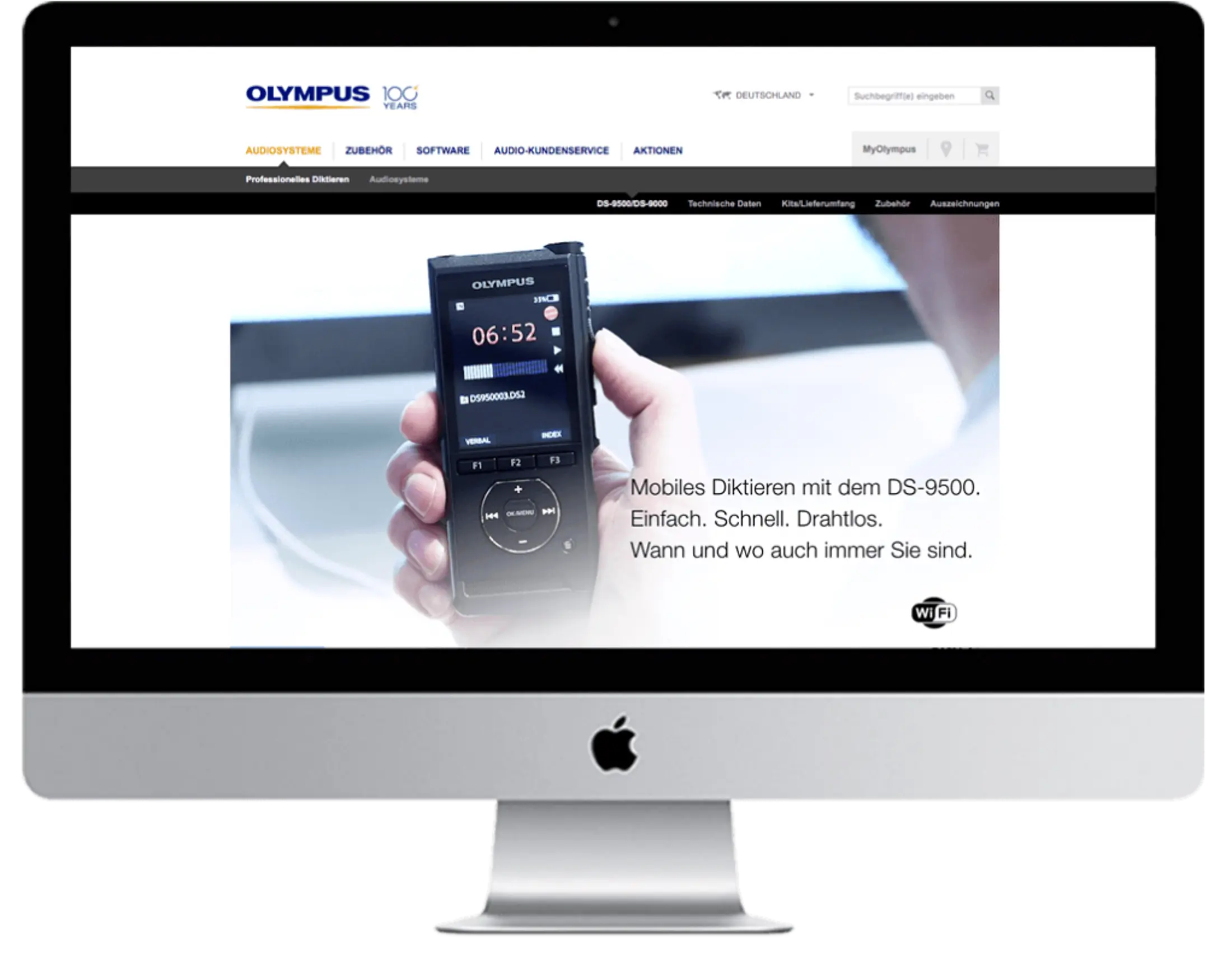 Olympus Website mit Audiorekorder DS-9500 auf Bildschirm