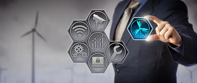 Fotocollage mit technischen Icons und einer Windkraftanlage