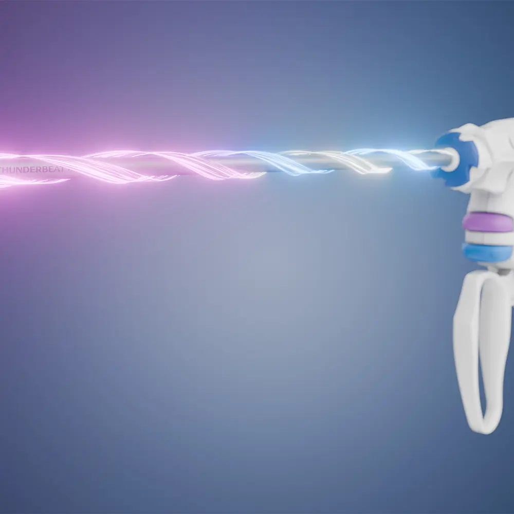 3D-Darstellung des Olympus Thunderbeat II mit leuchtender Energie-Animation zur Veranschaulichung der neuen chirurgischen Funktionen und Modi.