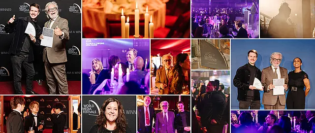 Collage von Impressionen der WorldMediaFestivals 2025 in Berlin: Preisverleihung mit Matthias Steffen und Steffen Arlt von FUSE, festlich gedeckte Tische mit Kerzenlicht, Gäste in Abendgarderobe