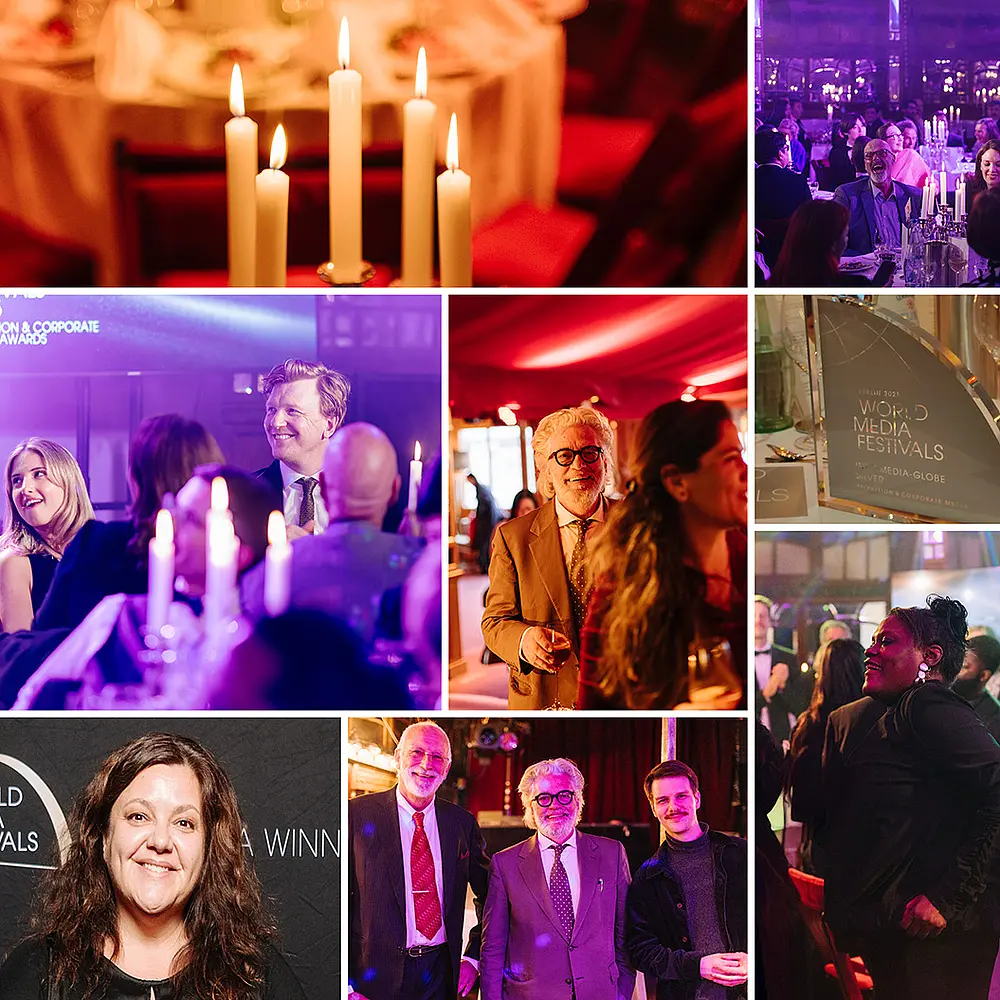 Collage von Impressionen der WorldMediaFestivals 2025 in Berlin: Preisverleihung mit Matthias Steffen und Steffen Arlt von FUSE, festlich gedeckte Tische mit Kerzenlicht, Gäste in Abendgarderobe