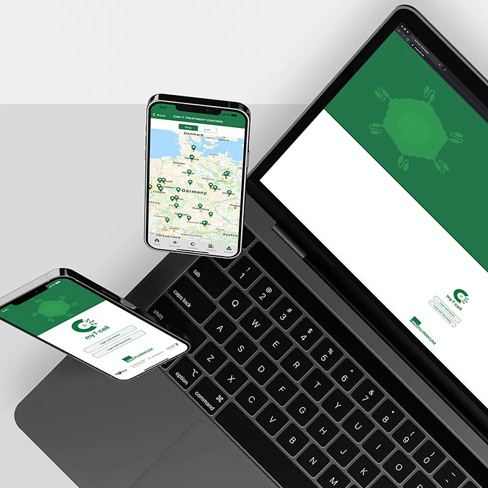 Fotocollage mit Desktop- und Mobilansichten der von FUSE entwickelten myTCell-App