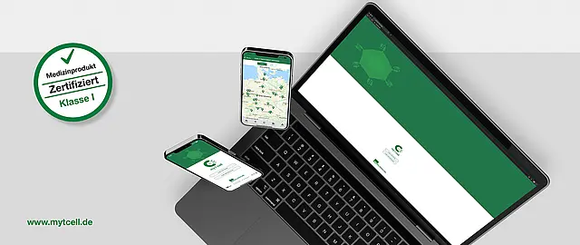Fotocollage mit Desktop- und Mobilansichten der von FUSE entwickelten myTCell-App