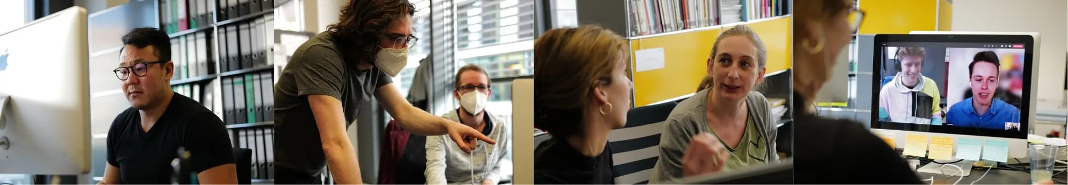 Eine Collage aus vier Büroszenen zeigt Menschen bei der Zusammenarbeit am Computer, im persönlichen Gespräch und in einer Videokonferenz. Die Szenen vermitteln Kennenlernen, Austausch und Teamarbeit im Arbeitsalltag.