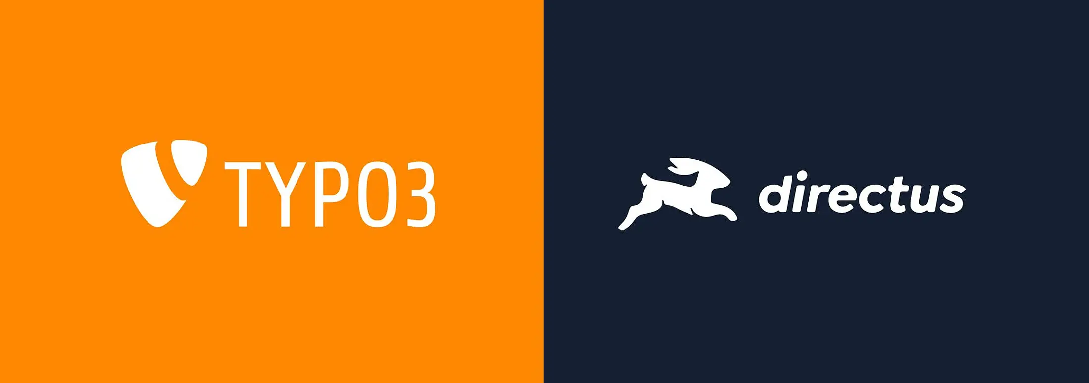 Zweiteilige Grafik mit den Logos von TYPO3 auf orangem Hintergrund und directus auf dunkelblauem Hintergrund.