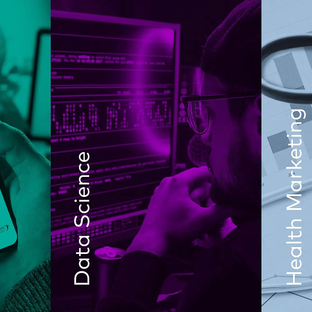 Collage aus 3 Fotos in verschiedenen Farben aus dem Bereich Medizintechnik und Datenanalyse