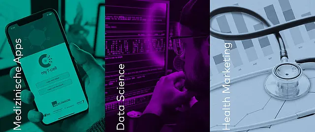 Collage aus 3 Fotos in verschiedenen Farben aus dem Bereich Medizintechnik und Datenanalyse