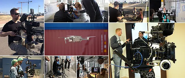Collage aus unterschiedlichen Drehsituationen mit professionellen Kamerateams: Interviews, Studio-Setups, Drohneneinsatz und moderne Kameraausrüstung im Einsatz.
