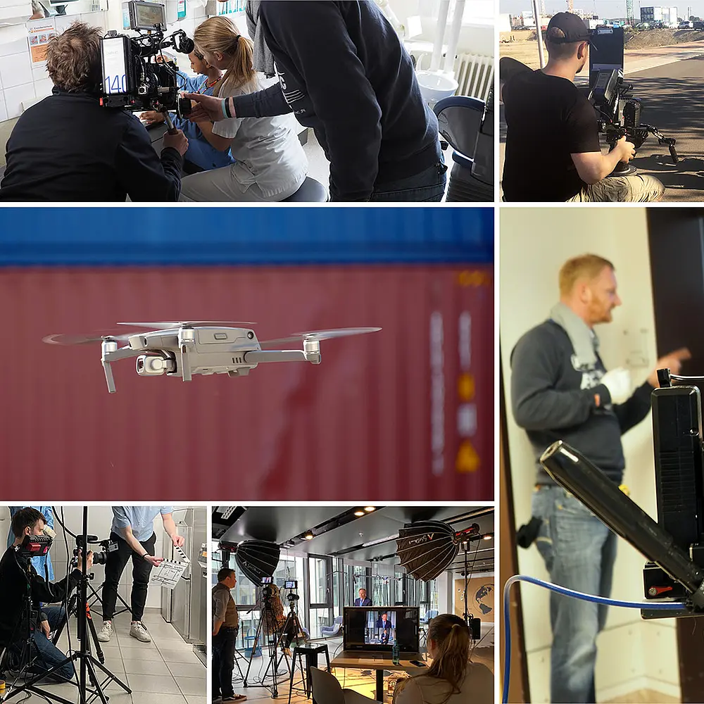 Collage aus unterschiedlichen Drehsituationen mit professionellen Kamerateams: Interviews, Studio-Setups, Drohneneinsatz und moderne Kameraausrüstung im Einsatz.