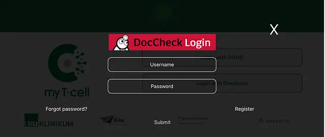 Screenshot des DocCheck login Bereichs in der App