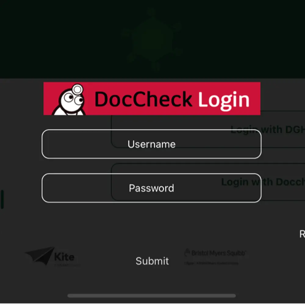 Screenshot des DocCheck login Bereichs in der App