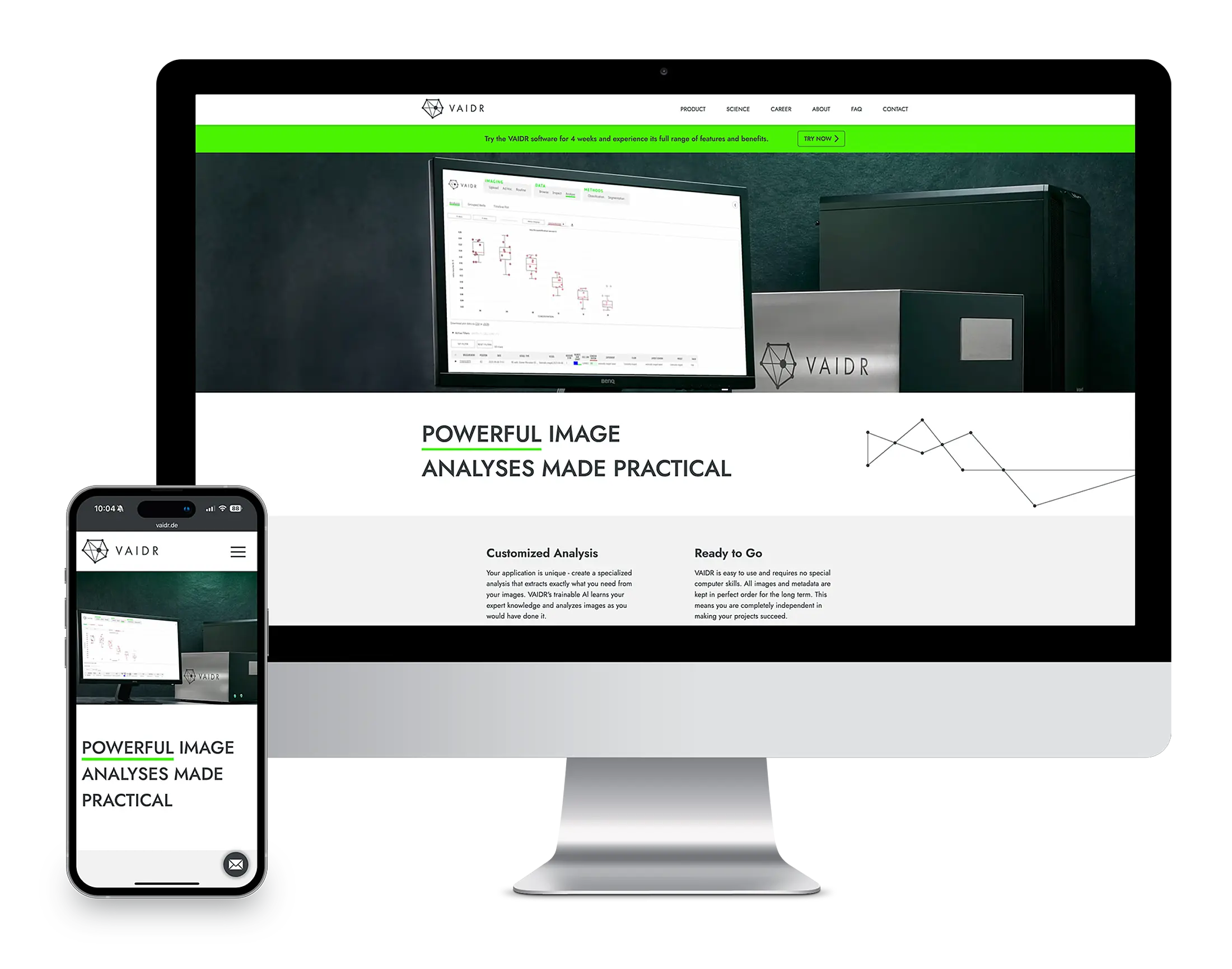 Desktop-Monitor und Smartphone mit responsiver VAIDR-Website für Bildanalyse-Software auf schwarzem Hintergrund.