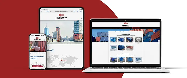 Responsive Website von Mercury Container Trading dargestellt auf Smartphone, Tablet und Laptop mit rotem Hintergrund