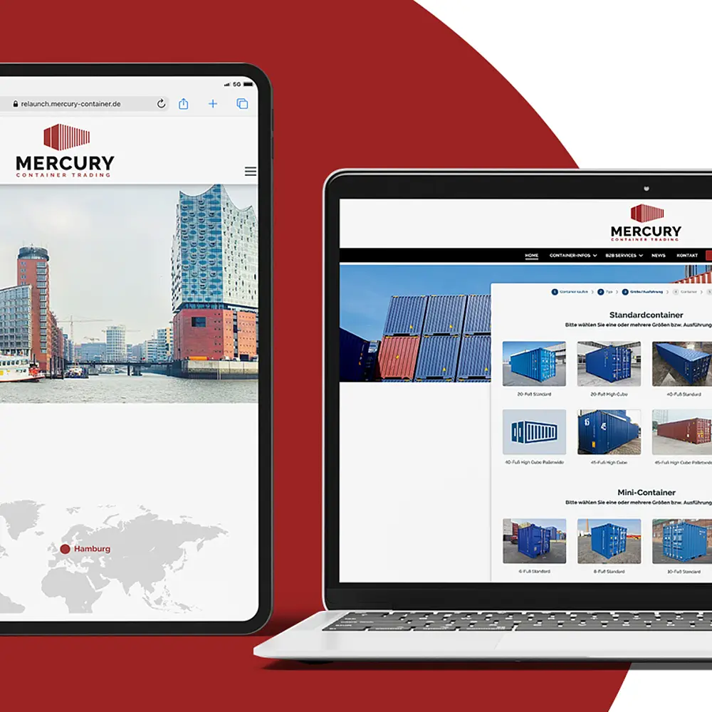 Responsive Website von Mercury Container Trading dargestellt auf Smartphone, Tablet und Laptop mit rotem Hintergrund