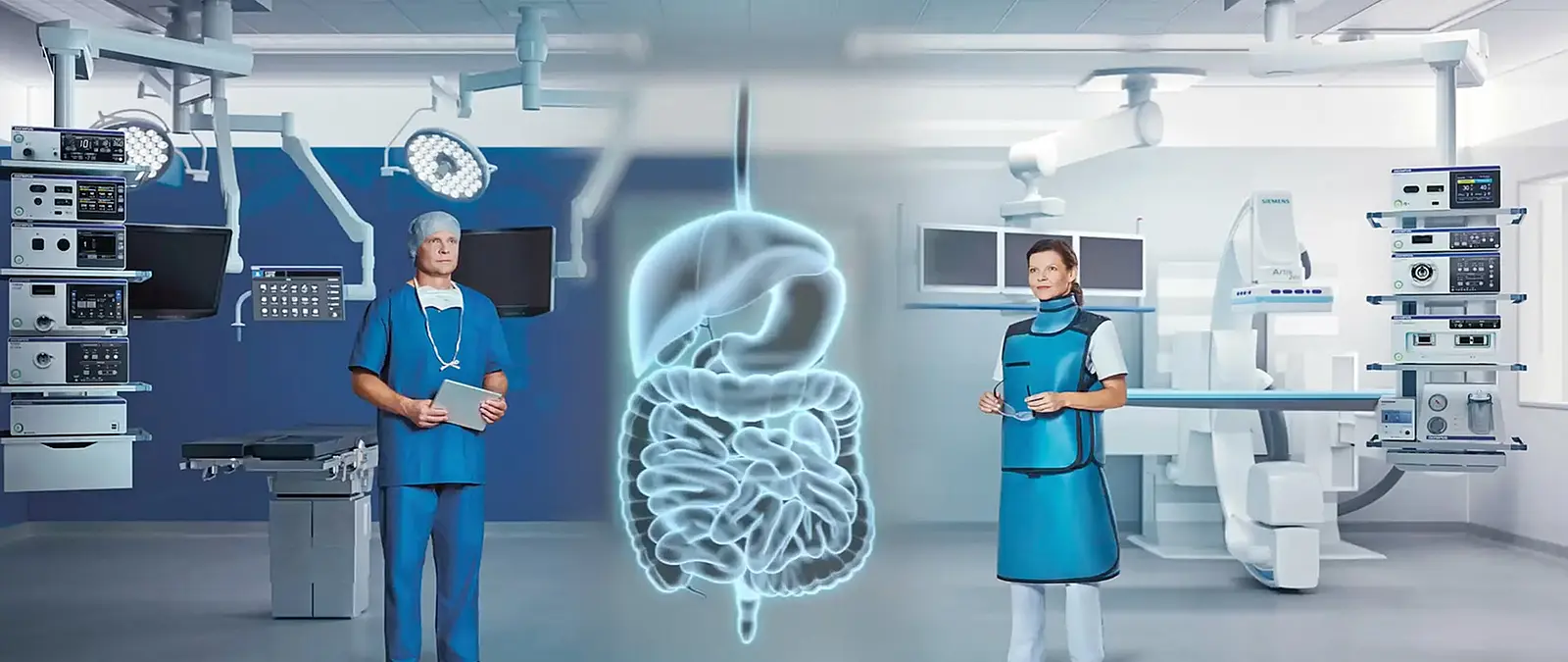 Zwei Ärzte*innen und die Organe des Menschen im Hologramm Stil