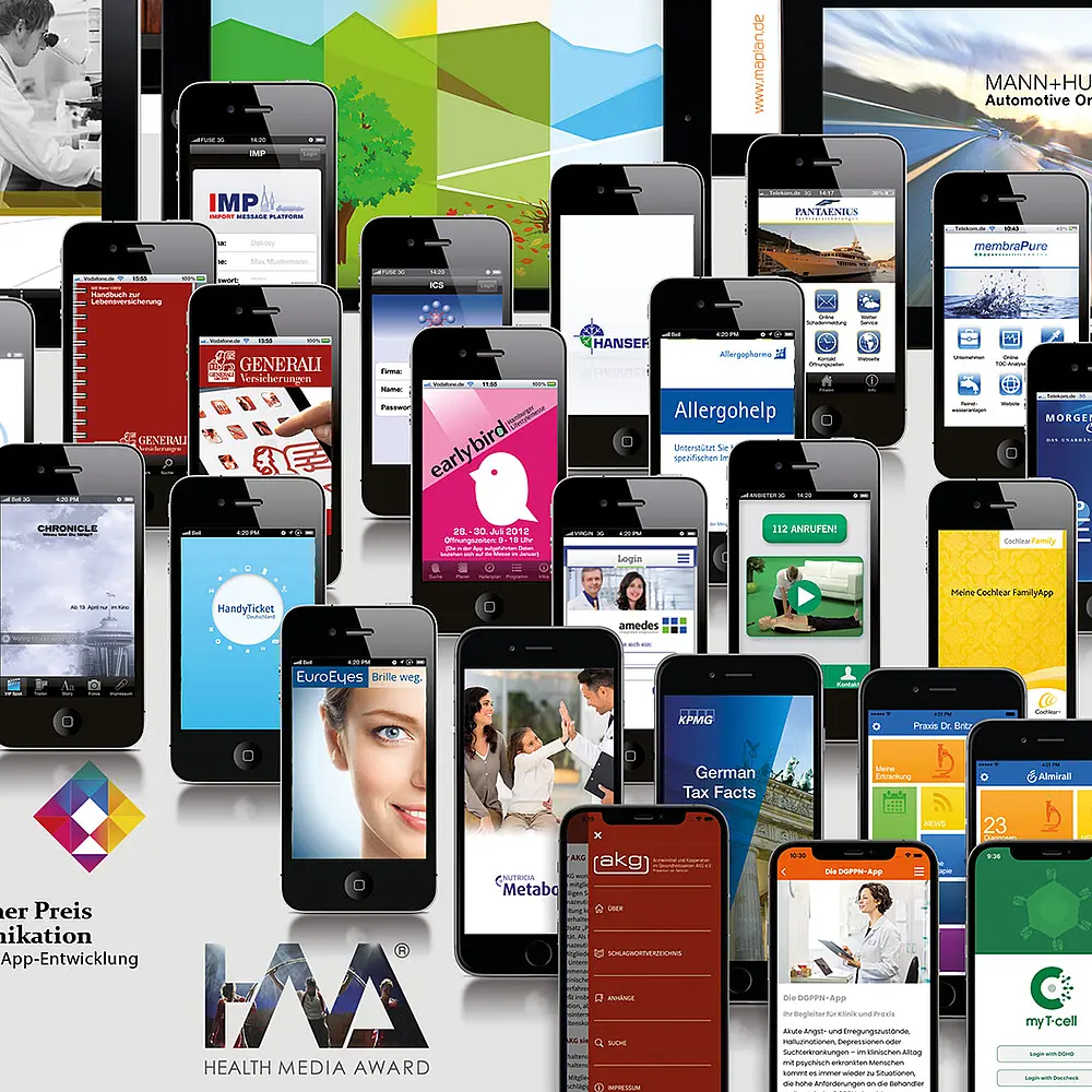Übersicht zahlreicher entwickelter iOS und Android Apps auf Smartphones und Tablets als Referenzportfolio einer App Entwicklungsagentur mit ausgezeichneten Mobile Projekten.