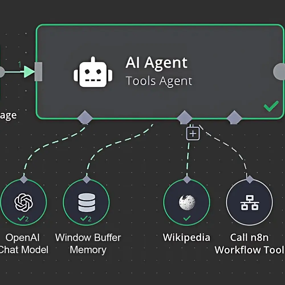 Digitale Visualisierung eines KI-Assistenten: Netzwerk aus Datenknoten zu Themen wie Text, Sprache, Code, Ideen und Analysen, das die Funktionsweise künstlicher Intelligenz veranschaulicht.