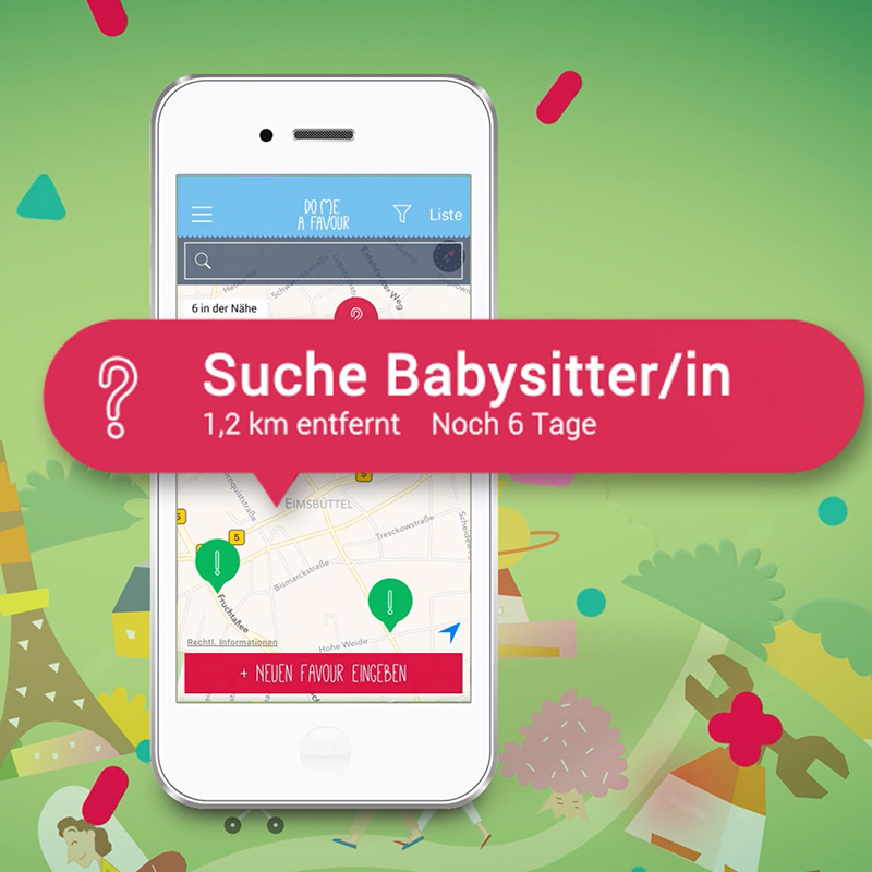 Smartphone-Ansicht aus App-Entwicklung mit Babysitter-Suche auf grünem Hintergrund