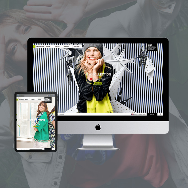 CBR Fashion Group Website auf Desktop und Tablet mit Modekampagnen in responsiver Darstellung.