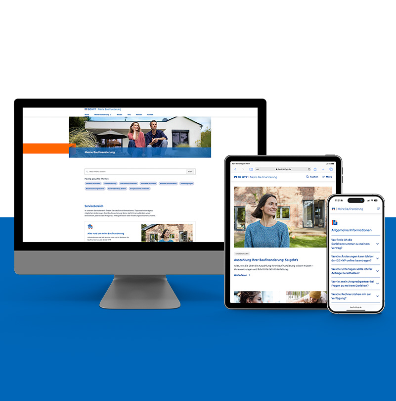 Desktop, Tablet und Smartphone zeigen das DZ HYP Service-Portal „Meine Baufinanzierung“ in responsiver Darstellung.
