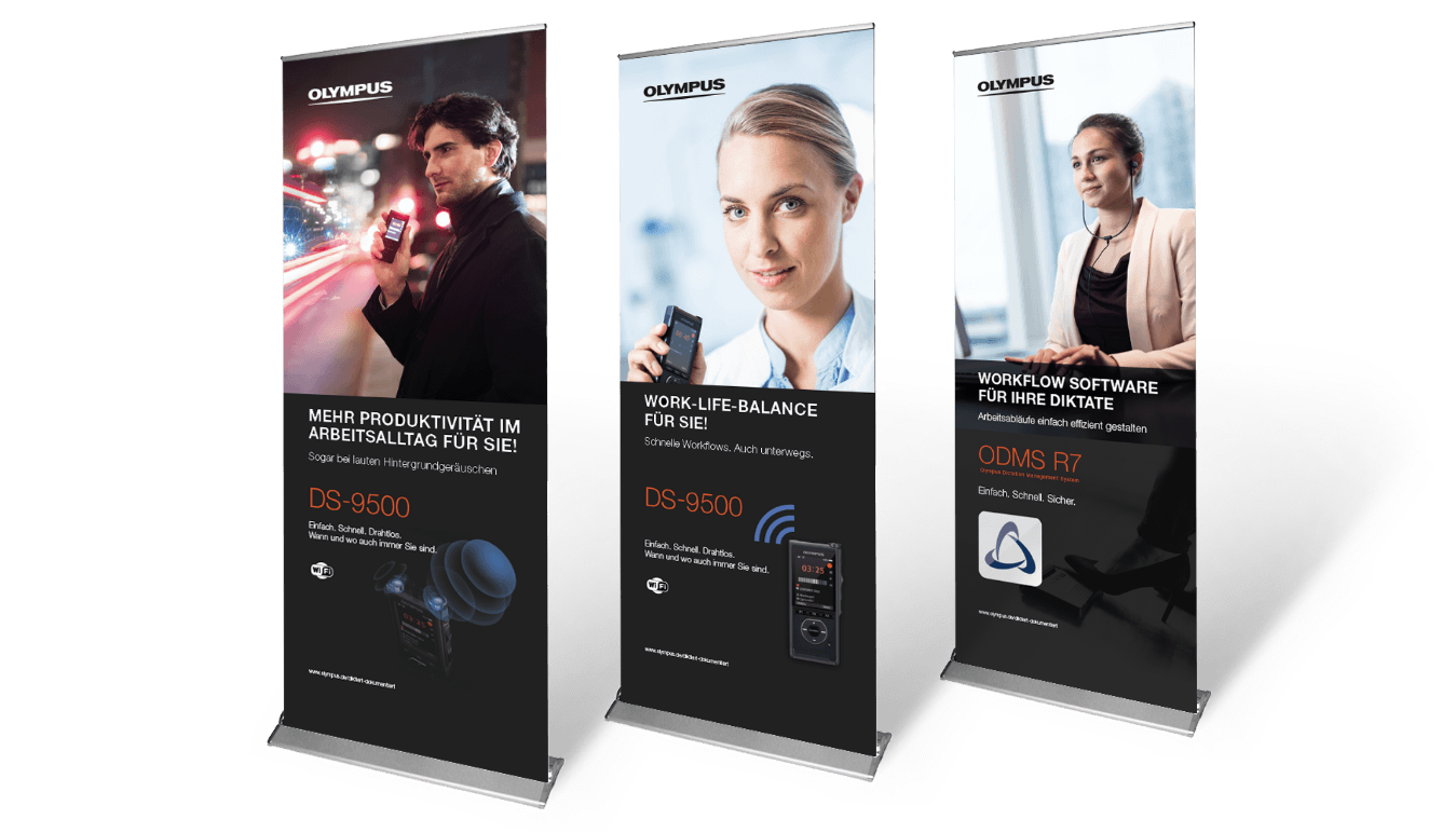 Drei Werbebanner von Olympus für mobiles Diktieren